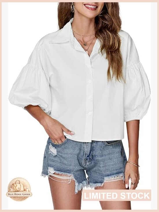 Tops - Crop Top Blouse Lantern Sleeve Collared V Neck Button Down Casual Summer Y2K